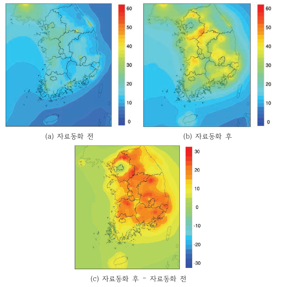 2012년 PM2.5 자료동화 전후 연평균 공간분포