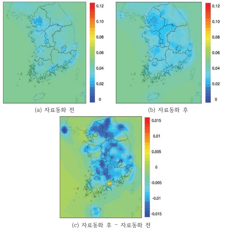 2012년 O3 자료동화 전후 연평균 공간분포