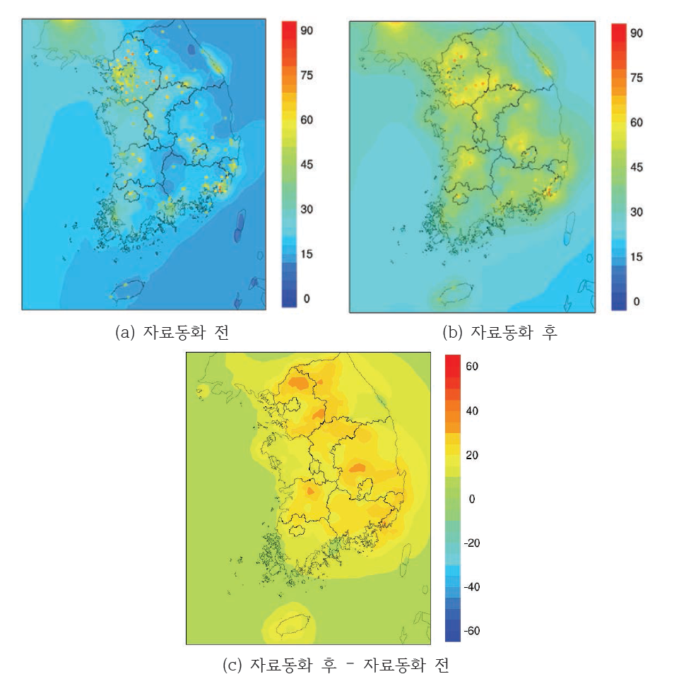 2013년 PM10 자료동화 전후 연평균 공간분포