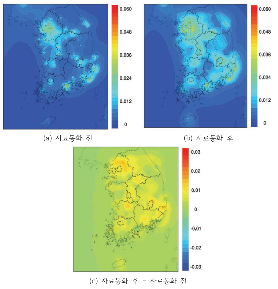 2013년 NO2 자료동화 전후 연평균 공간분포