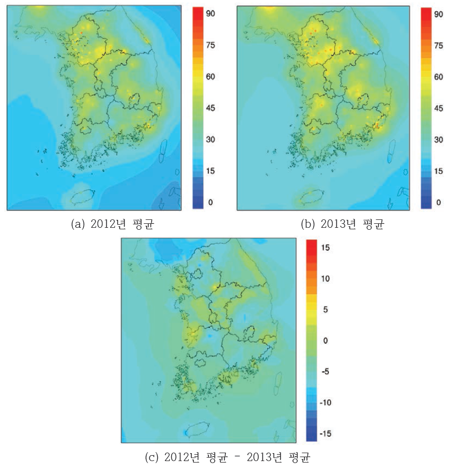 2012년 및 2013년 PM10 연평균 공간분포