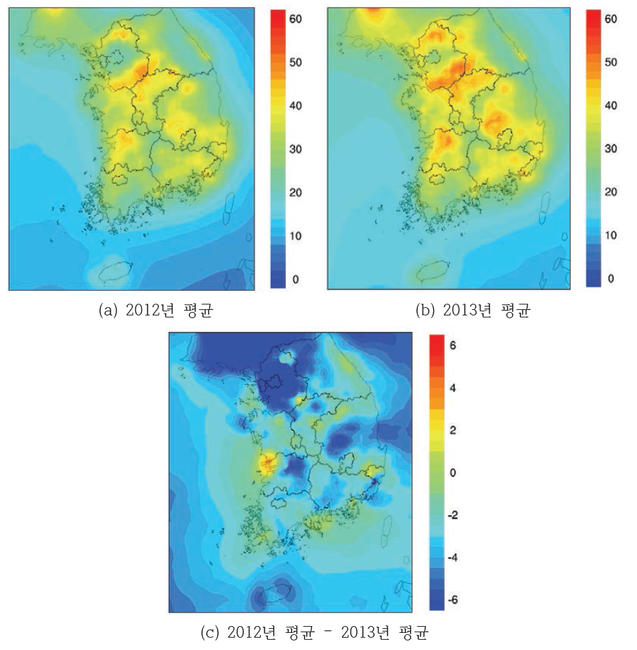 2012년 및 2013년 PM2.5 연평균 공간분포