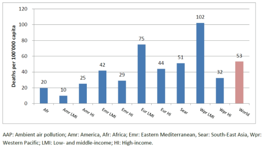 WHO 지구별 대기오염으로 인한 사망률(2012)