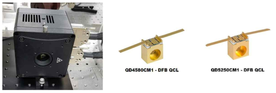 중적외선 QCL 레이저. 온도 안정화 레이저 헤드에 장착된 상태(좌). 레이저 다이오드 칩들(우)