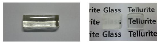 (좌) 제조된 HMO계 텔루라이트 광학 유리, (우) 두께 약 2.0 mm로 절단 및 연마된 텔루라이트 유리 샘플