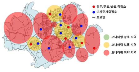 광주지역의 모니터링 divided 지역 및 도로망 분포