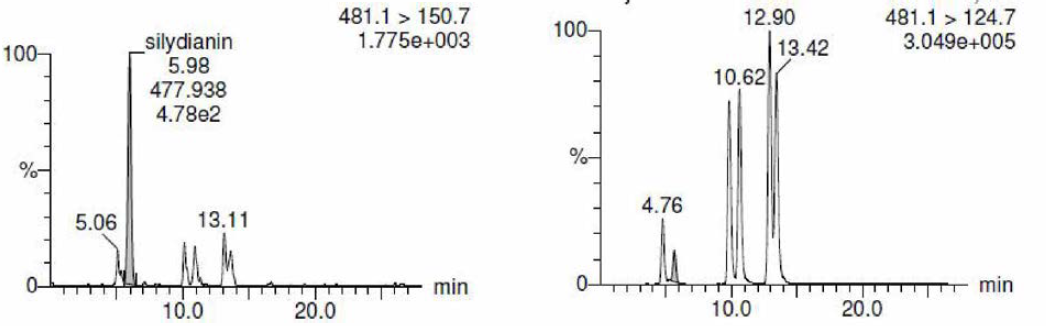 실리디아닌 표준품의 크로마토그램 (481 ion -> 151 ion), (481 ion -> 125 ion).