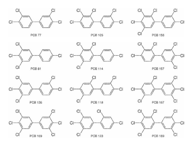 Structural formula of 12 DL-PCBs congeners