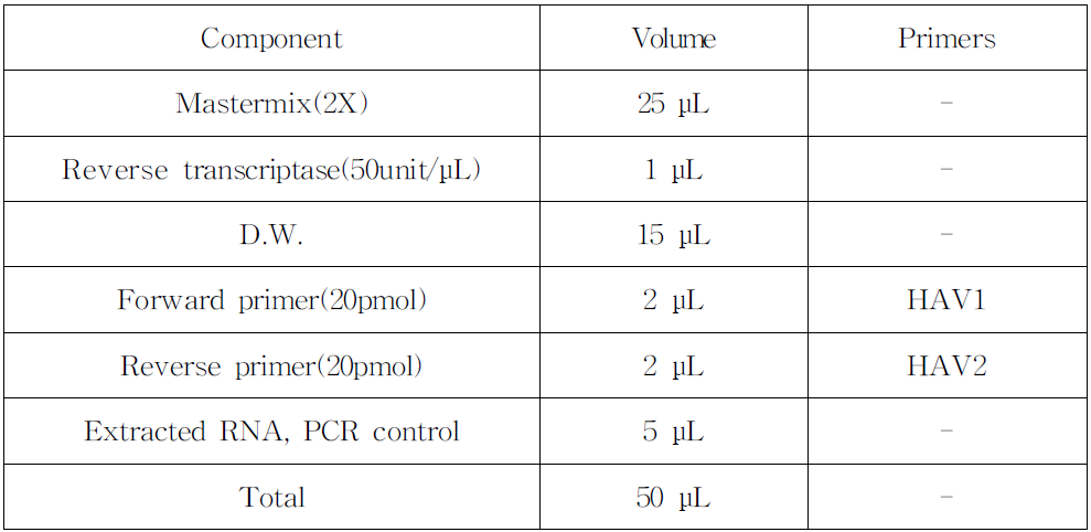 A형 간염바이러스 One-step RT-PCR 반응액 조성