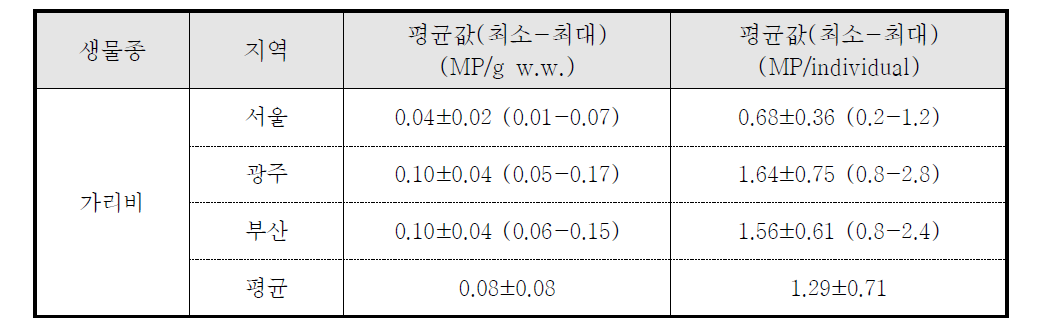 가리비 체내 미세플라스틱의 농도