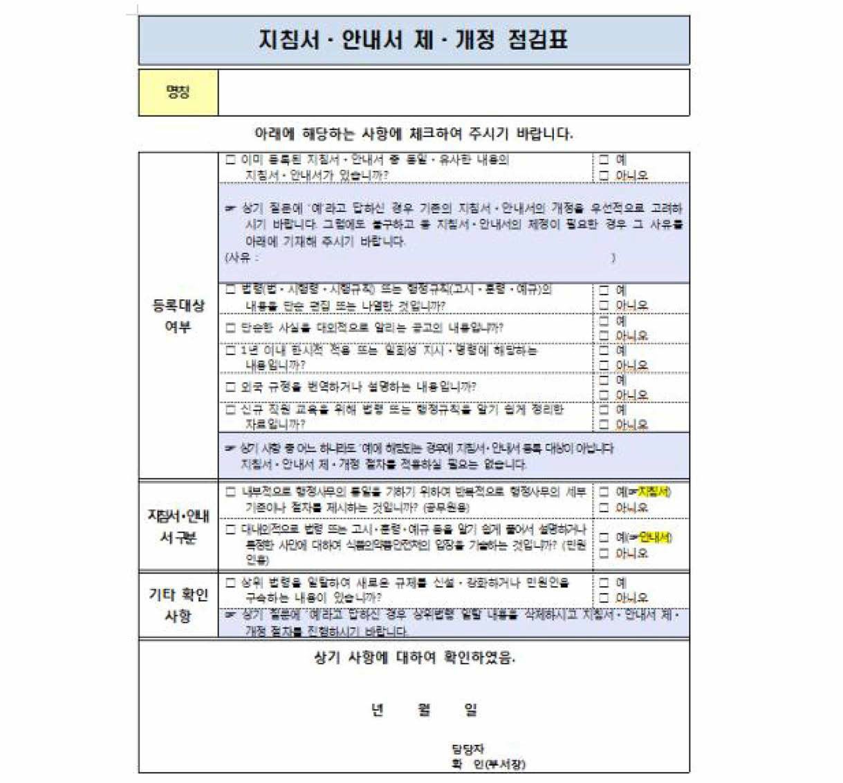 식품의약품안전처 지침서등의 관리에 관한 규정에 따른 제•개정 점검표