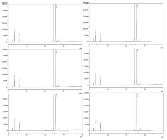 아세톤 표준액 (250 μg/mL) 6회 측정 크로마토그램