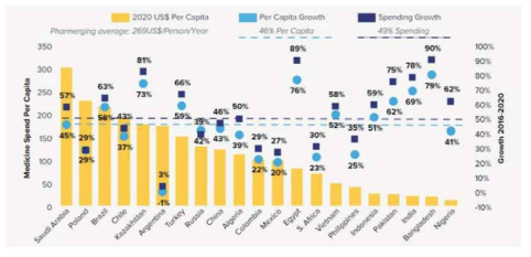 파머징 국가의 1인당 의약품 지출액 및 증가율