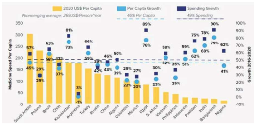 파머징 국가의 1인당 의약품 지출액 및 증가율