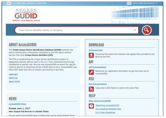 FDA GUDID 데이터베이스 메인화면 구성