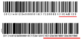 배치번호 또는 로트번호의 바코드 표시 예시