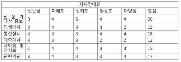 퍼소나 매체별 점수 지체장애인