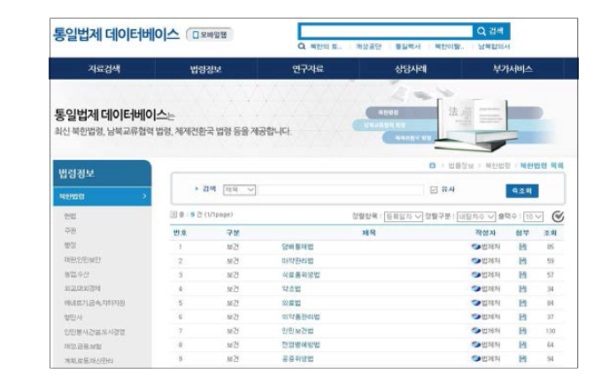 북한정보포탈 사이트 내 보건관련 법령정보