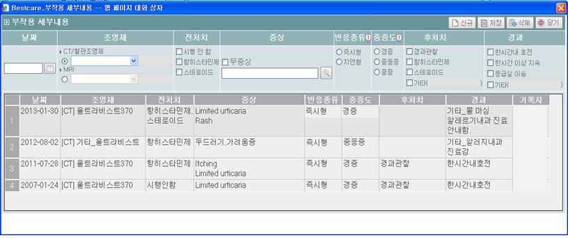 조영제 과민반응 발생환자 추적기록 화면 예시