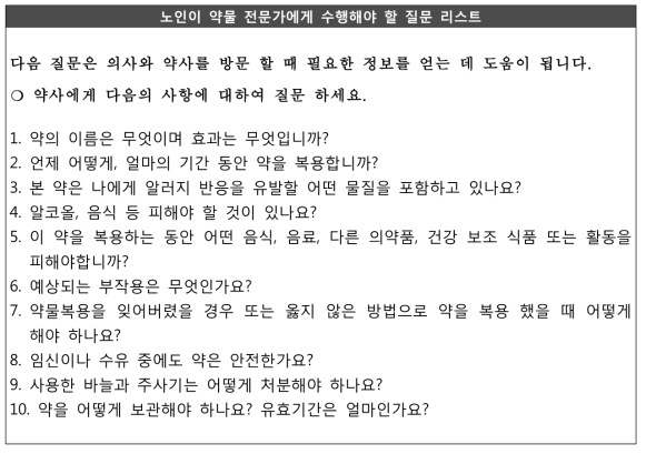 UPMC의 노인이 약물 전문가에게 수행해야 할 질문 리스트