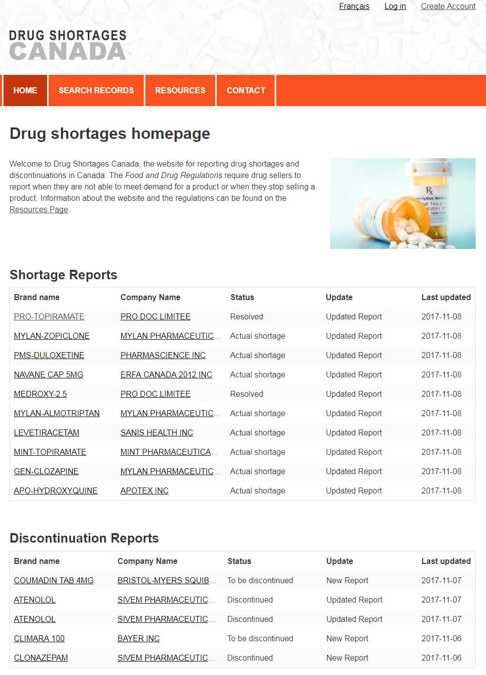 캐나다 의약품 부족 보고 웹사이트(www.drugshortagescanada.ca)의 첫 화면