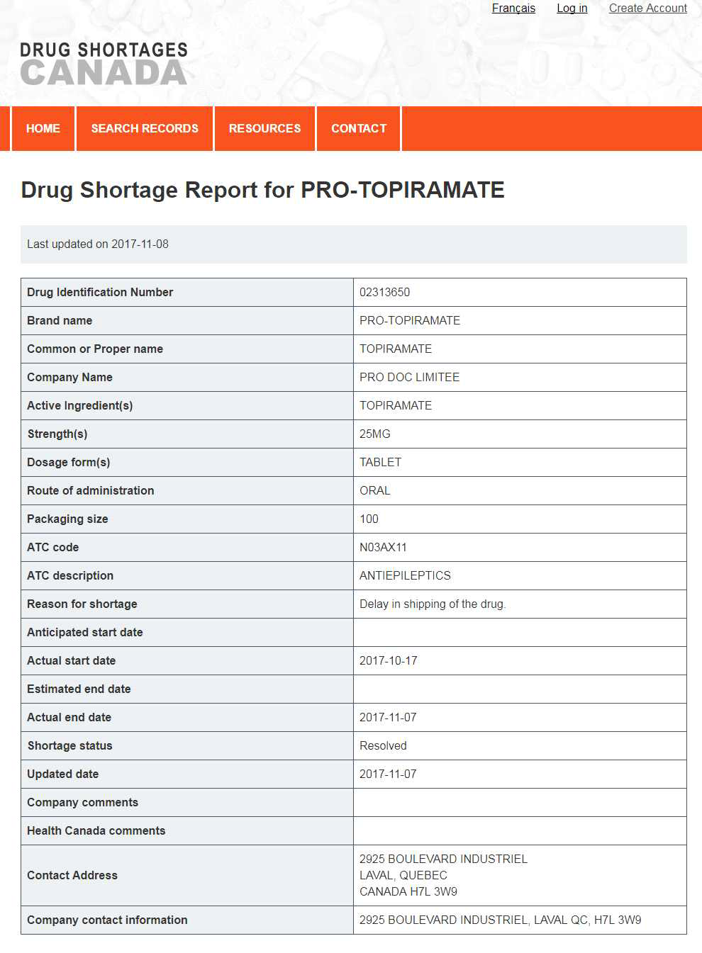 캐나다 의약품 부족 보고 웹사이트(www.drugshortagescanada.ca)의 의약품 부족 기록 예시