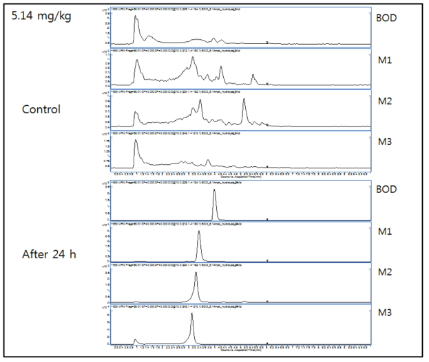 5.14 ㎎/㎏ 약물 투여 후 urine에서의 BOD 및 대사체의 크로마토그램