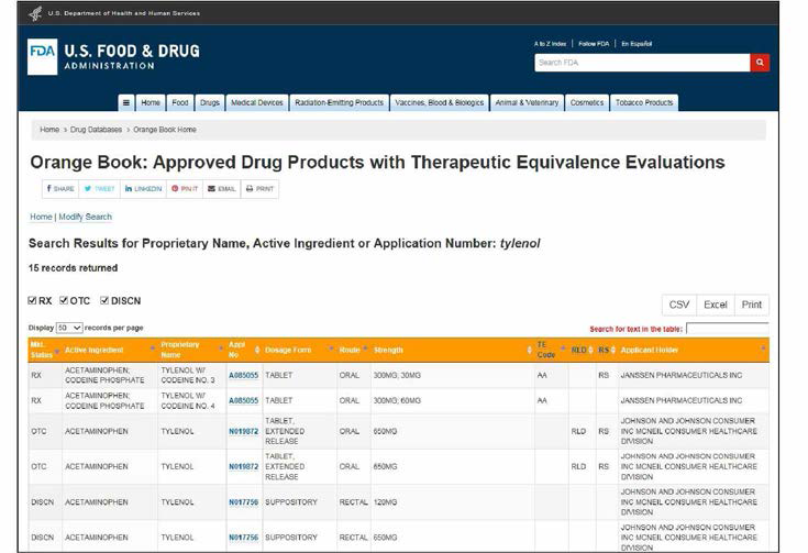 미국 FDA의 오렌지북 홈페이지