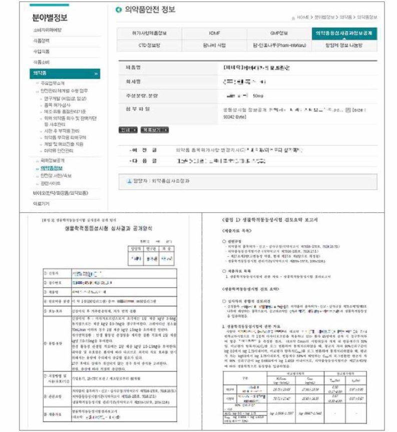 의약품등심사결과정보공개 - 제네릭의약품 생동성시험 심사결과