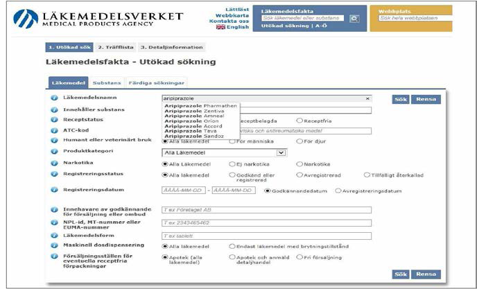 개별 국가 검색 예시 - 스웨덴(Medical products Agency)