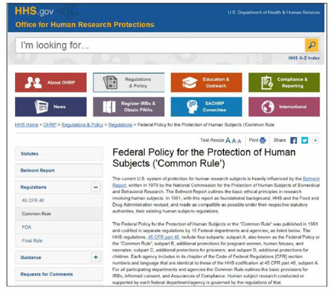 common rule 45 C.F.R. 46 Subpart A Basic HHS Policy for Protection of Human Research Subjects