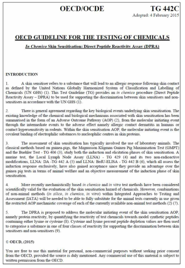 OECD TG442C OECD skin sensitization: LLNA: Direct Peptide Reactivity Assay (DPRA)