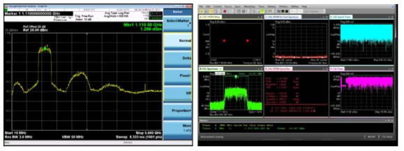 RF Board Tx 1번 채널 860~1360 MHz Tx신호(좌) 및 Tx EVM 측정(우)