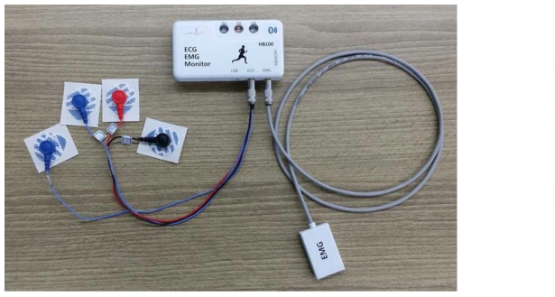 ECG, EMG 측정단자를 연결한 모습