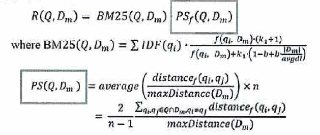 질의어와 문서간 유사도 계산 공식 R(Q,D) 및 근접성 점수 PS(Q,D) 계산 공식