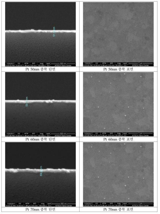 FE-SEM을 이용한 백금 박막 두께 측정 결과