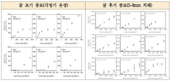 온도별 식물플랑크톤 종류별 농도에 대한 굴 종묘단계별 섭식율 변화 특성