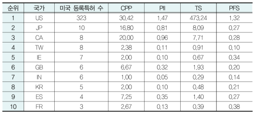 금융 분야 국가별 특허경쟁력 지수 결과