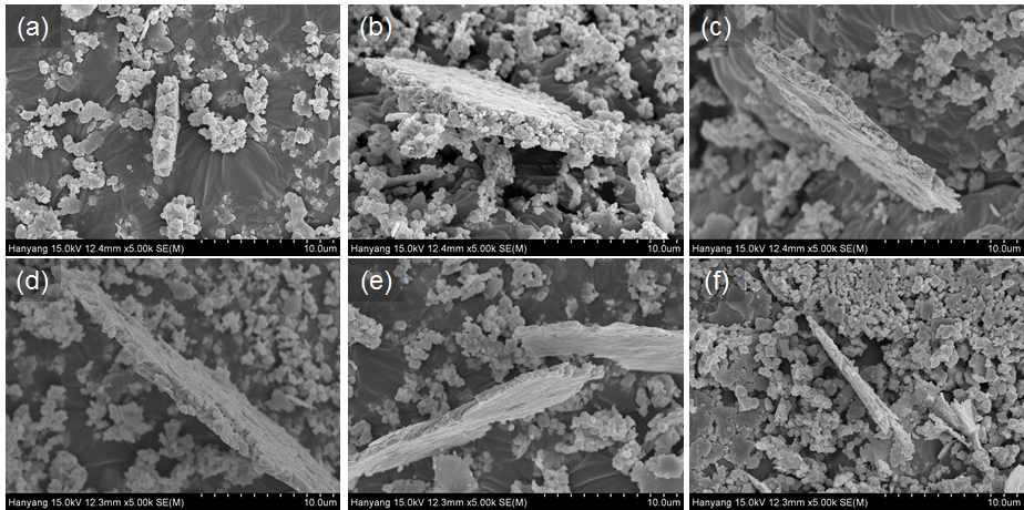 SEM micrographs of Fe SDL nanopowder (reduced at 600oC) after flake process during (a) 2h, (b) 4h, (c) 6h, (d) 8h, (e) 10h and (f) 12h