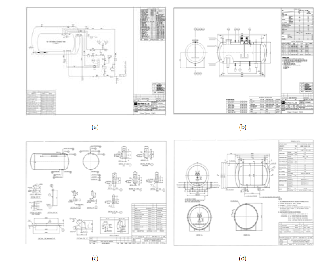 5CBM급 독립형 Type C LNG저장탱크 제작을 위한 상세설계도면 (a)구성도, (b) P&ID, (c) 용접부, (d)밸브, 노즐