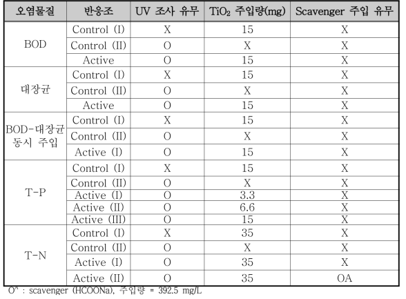 단일 오염물질 광분해능 평가에 따른 회분식 TiO2 반응조 실험 구성