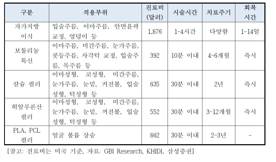 주요 안면미용 시술 요약