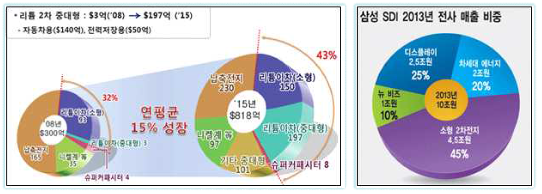 중·대형 이차전진 시장전망과 삼성 SDI의 이차전지 매출비중 (Biz Hospital 보고서 2013)