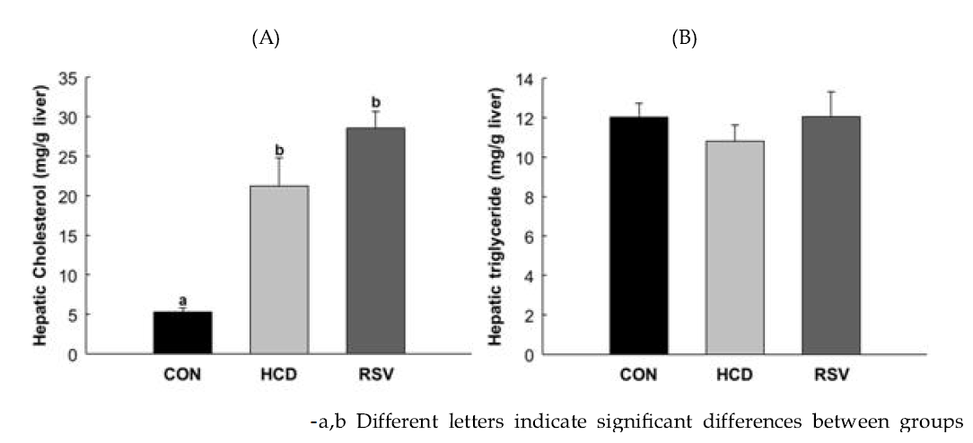 HCD 및 로수바스타틴 급여에 따른 간 내 콜레스테롤(A) 및 중성지방(B)의 변화