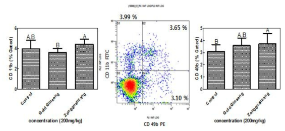 황금홍삼과 정관장홍삼의 BALB/c 마우스의 비장에 있는 면역세포 CD11b와 CD49b의 증식능 측정 결과