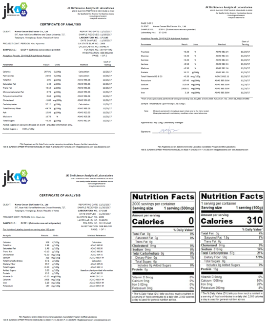 감태추출복합분말 영양성분 및 영양성분표시 분석결과(미국 FDA)