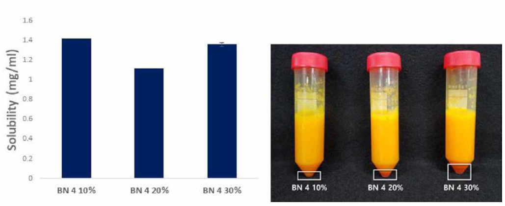 커큐민 함량 (10%, 20%, 30% )에 따른 HPMC BN4의 Solubility와 외관관찰