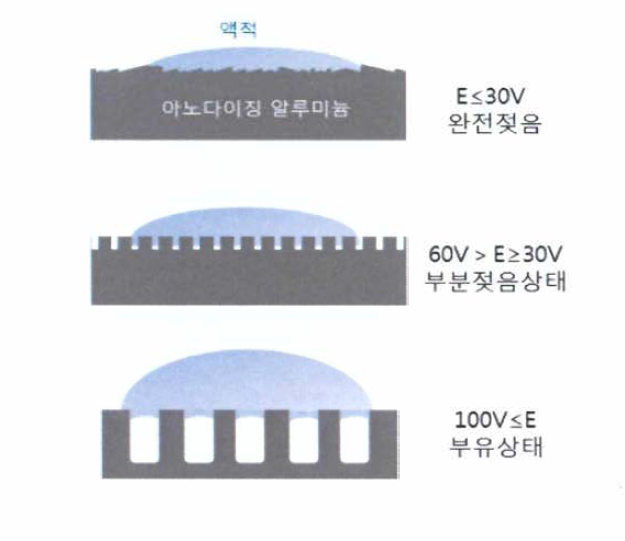 인가전압에 의한 나노포어 성상의 변화와 액적의 젖음상태 전이