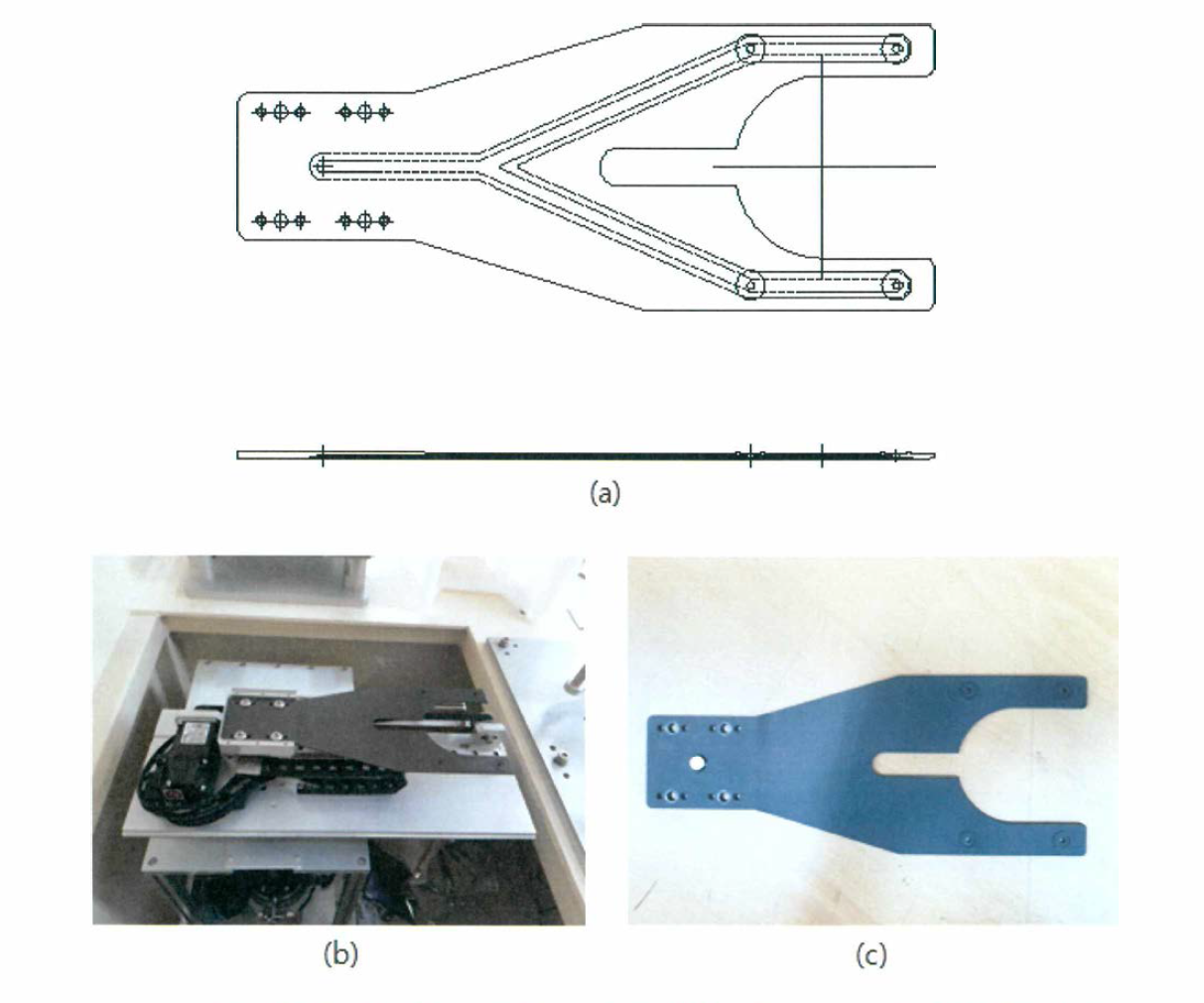 (a) 웨이퍼 핸들러의 설계도, (b) 1차 제작된 웨이퍼 핸들러, (c) 2차 제작된 웨이퍼 핸들러