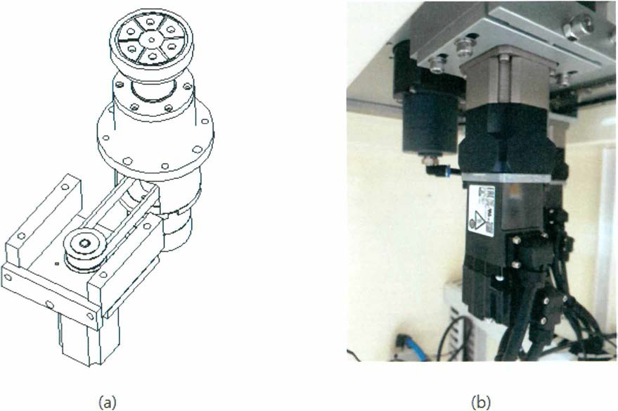 (a) Wafer chuck 회전 시스템의 도면，(b) wafer chuck 회전 시스템